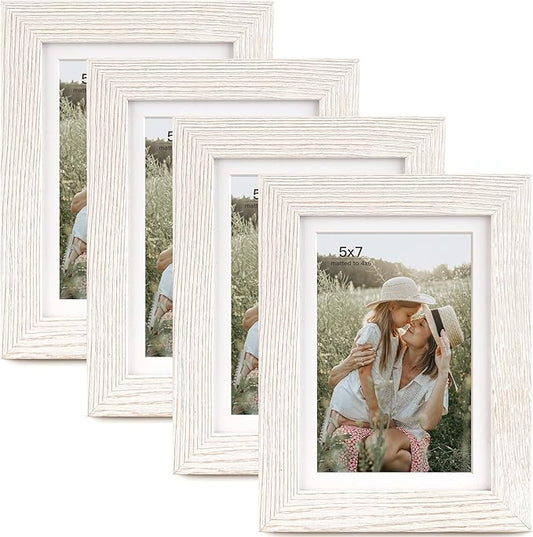 5x7 Picture Frame with Mat for 4x6, Rustic White Wood Grain 5 x 7 Gallery Wall Picture Frames for Tabletop or Wall Mounting(4 Pack, White)