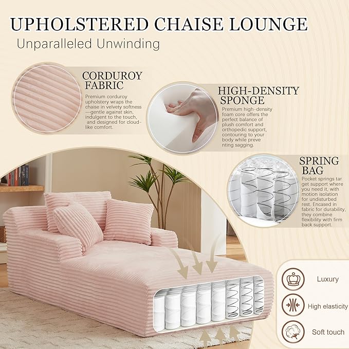 Chaise Lounge Chair Indoor, 50 Inch Oversized Corduroy Upholstered Boneless Sofa Bed, Deep Seat Sleeper Couch Reading Chairs, Cloud Sofas Couches for Living Room (Pink, 50" W x 80" D)