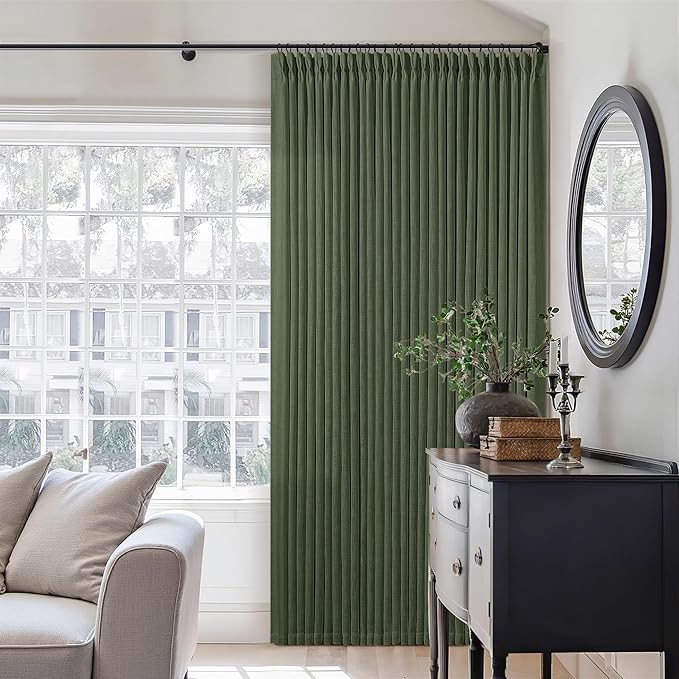 Pleated Linen Olive Green Curtains 102 Inches Long 2 Panels Set for Living Room Bedroom Neutral Farmhouse Cotton Linen Blend Back Tab Memory Shape Pinch Pleat Ceiling Floor 102 Inch Window Curtain