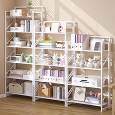 JSB No Assembly Folding Bookshelf, 6 Tier Industrial Metal Book Shelf for Storage, Vintage Wood Foldable Bookcase for Living Room, Bedroom, Office Organization Shelves