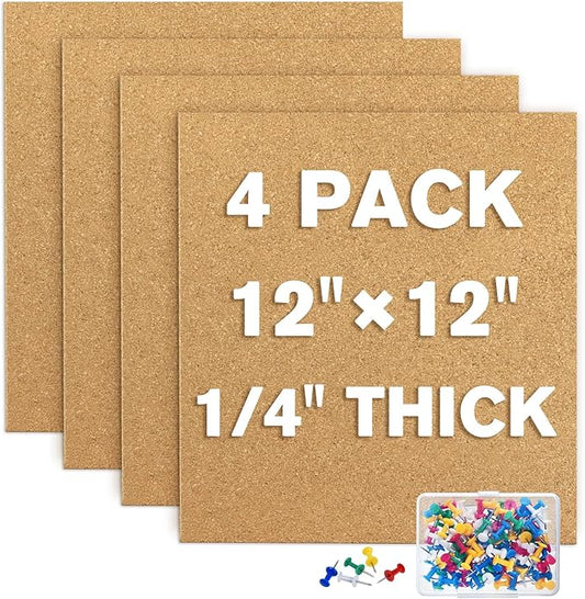 TUPARKA 4 Pack Cork Board 12"x12" - 1/4" Self-Adhesive Corkboards With 100 Push Pins, Bulletin Boards, Square Cork Tiles for Home, School, Office Decorative (4, 12"x12")