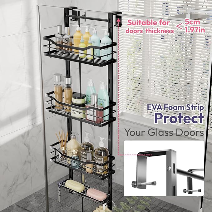 SWTYMIKI Over the Door Shower Caddy - 4 Tier Adjustable Shower Organizer Hanging with Soap Holder, No Drilling Stainless Steel Bathroom Rack Hanging for Body Wash, Shampoo, Soap, Razor, Black