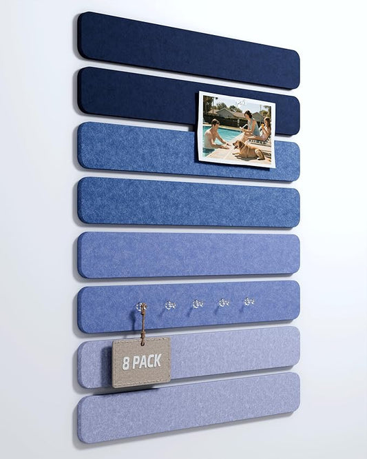 Cork Board Alternative Felt Strip Board 8-Pack 13"x2", Office Pin Board with 50 Push Pins, Adhesive Install for Bedroom Door & Home Office(Denim Mist)