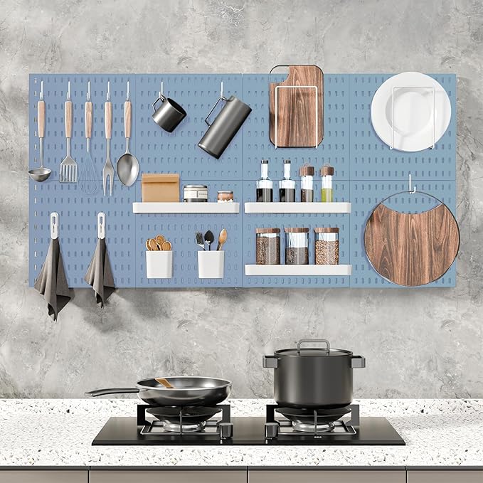 Pegboard Combination Kit, Wall Mounted Storage Set with 8 Pegboards & 28 Accessories Hanging, Peg Boards Organizer for Walls Display, Crafts Organization, Kitchen Organizer, 22" x 44" Blue