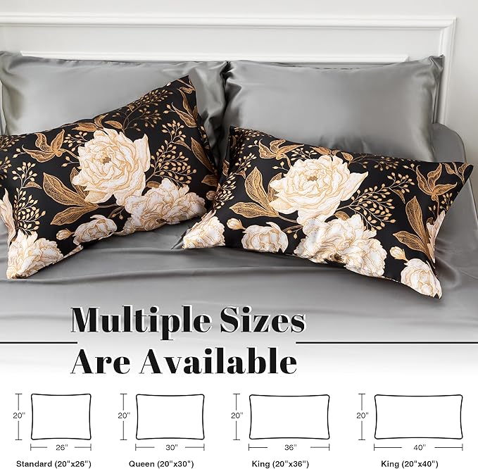 EXQ Home Satin Pillowcase for Hair and Skin Queen - Peony Printed Standard Silk Pillowcase 2 Pack 20x26 inches - Satin Pillow Cases Set of 2 with Envelope Closure, Gifts for Women