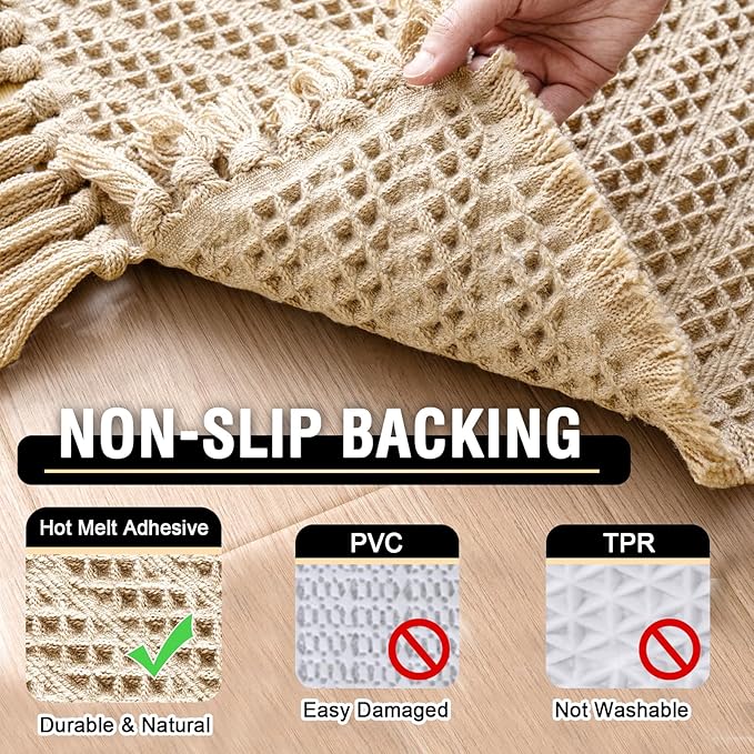 H.VERSAILTEX Waffle Bath Mat Super Absorbent Boho Bath Mat Non Slip Bath Rugs for Bathroom Floor Machine Washable Dry Fast Bathroom Rugs with Tassels (47 x 17 Plus 17 x 24 Inches, Sand)