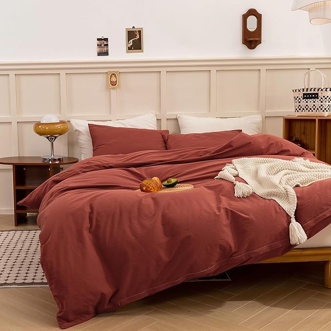 ECOCOTT Duvet Cover King Size - Linen Feel Organic Natural 100% Washed Cotton, Soft Breathable 3 Pieces Bedding Set with Zipper Closure, Burnt Brick Red