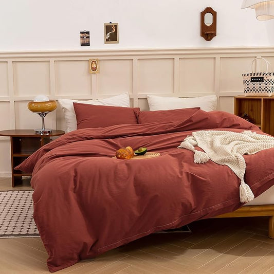 ECOCOTT Duvet Cover King Size - Linen Feel Organic Natural 100% Washed Cotton, Soft Breathable 3 Pieces Bedding Set with Zipper Closure, Burnt Brick Red