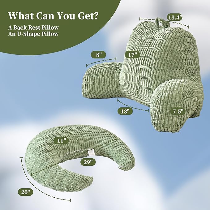 Back Pillow for Bed Sitting Up,U Shaped & Back Support Pillow for Bed,17" Backrest with Lumbar & Arm Support,Comfy Corduroy Fabric,Lap Pillow for Gaming/Reading/Watching TV,Green