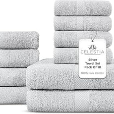 100% Cotton Bath Towel Set of 10-2 Bath Towels, 4 Hand Towels, 4 Wash Cloths, Sustainable, Soft, Highly Absorbent, Combed Cotton 10 Piece Set for Hotels, Spa, Bathroom, Dorm, Silver