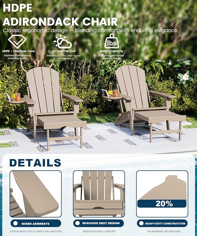 FOOWIN Folding Adjustable Adirondack Chair with Retractable Ottoman, HDPE Adirondack Chair w/4 in 1 Cup Holder Trays,All-Weather Resistant Fire Pit Chair for Outdoor Patio Lawn, Brown