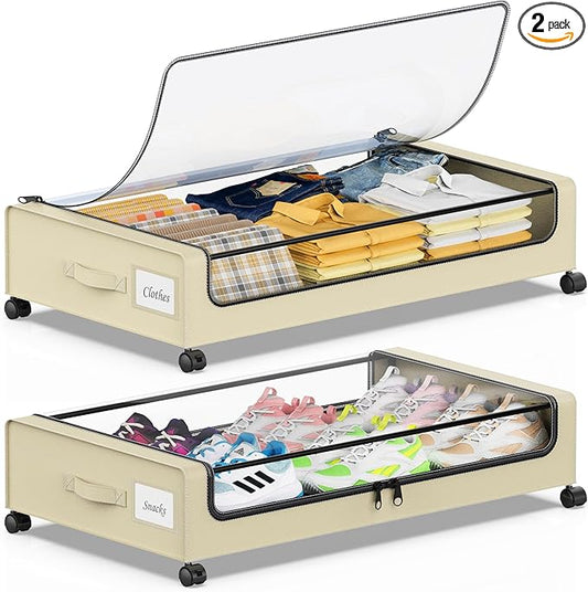 Beborxue Under Bed Storage with Wheels, 2-Pack Under the Bed Storage Containers with Lids, XXL 60L Under Bed Shoes Storage Organizer Bins, Rolling Underbed Storage for Clothes, Shoes, Blankets (Beige)