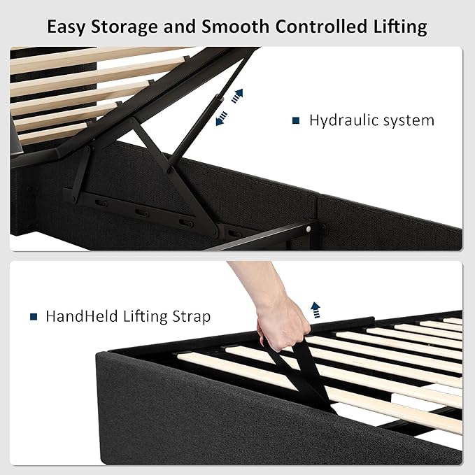Queen Size Lift Up Storage Bed, Upholstered Platform Bed Frame with Wingback Headboard, Hydraulic System, Solid Wooden Slats Support, Noise-Free, Easy Assembly, No Box Spring Needed, Black