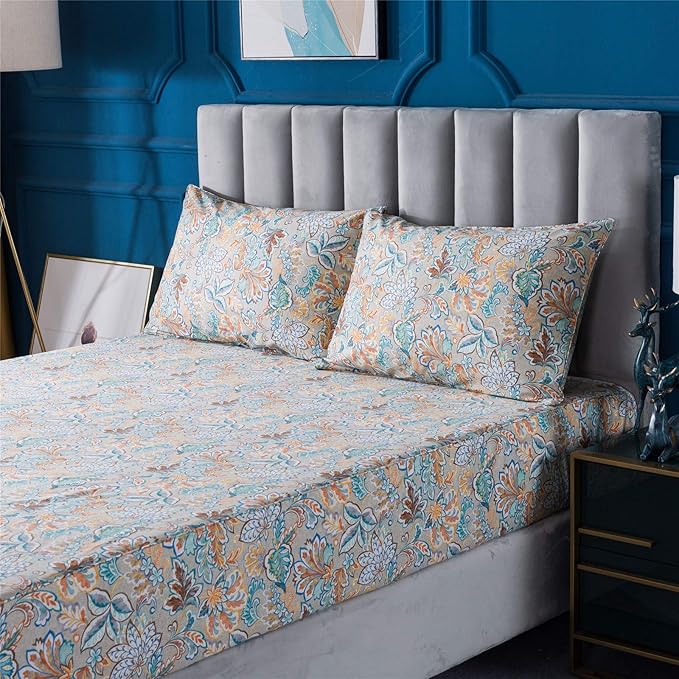 FADFAY Sheets Set Twin Shabby Gold Floral Bedding Classic Vintage Farmhouse Bedding Set Elegent Royal Print Bed Sheet Set 100% Cotton Ultra Soft Deep Pocket Fitted Sheet 4-Pieces Twin Size