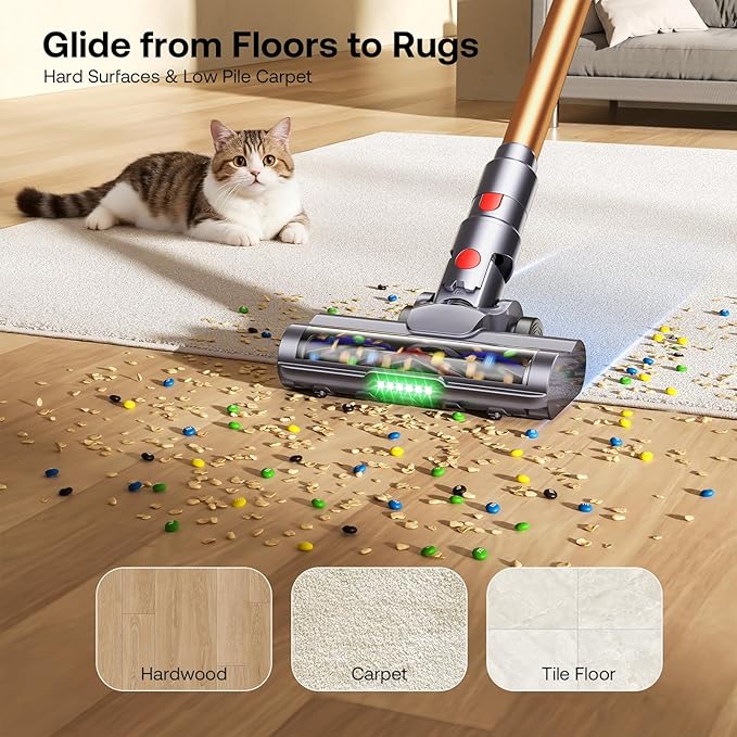 Trucozie Cordless Vacuum Cleaner, Self-Standing Lightweight Stick Vacuum with 50 mins Runtime, Powerful Suction, Anti-Tangle Wireless Vacuum for Home, Hardwood Floor, Carpet, Pet Hair, Gold