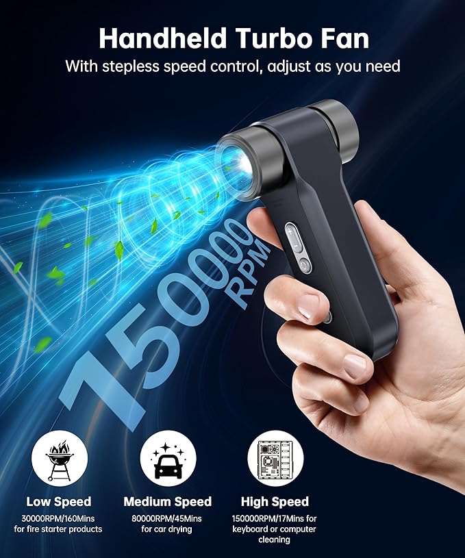 Compressed Air Duster,150000RPM Metal Electric Air Blower with LED Light and Stepless Speed,USB Rechargeable Mini Portable Cordless Air Blower with Magnetic Nozzle for Computer,Keyboard,House and Car