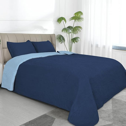 Easy-Going Full/Queen Size Reversible Quilt Set with 1 Quilt and 2 Pillow Shams, Soft Bed Quilt Cover, Water Resistant Lightweight Microfiber Bedspread, Stain Resistant, Damask-Dark Blue/Light Blue