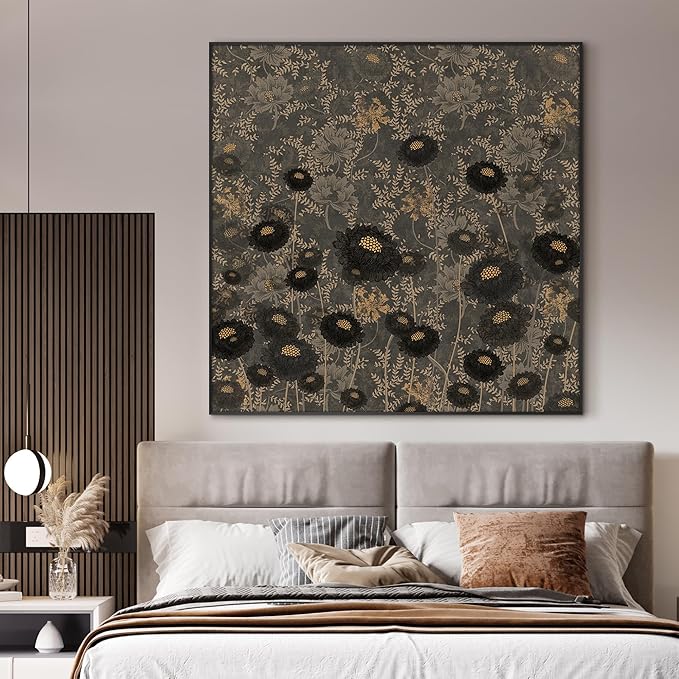 60"x60" XL Framed Wall ArtVintage Floral Pattern Dark Botanical Print with Gold Accents (Frame Assembly Required)