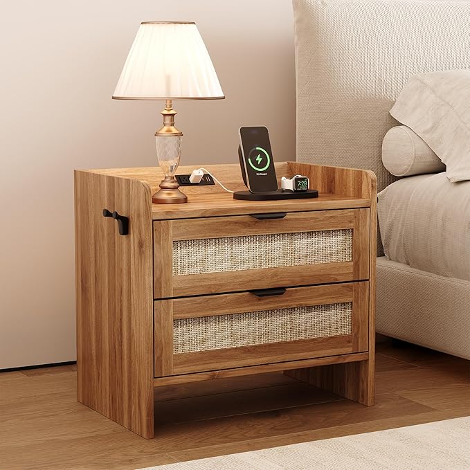 Rattan Nightstand, Bedside Table with Type-C Charging Station - 2 Storage Drawer Space, Boho End Table Side Table for Bedroom Office, Large Night Stand with Charging Port