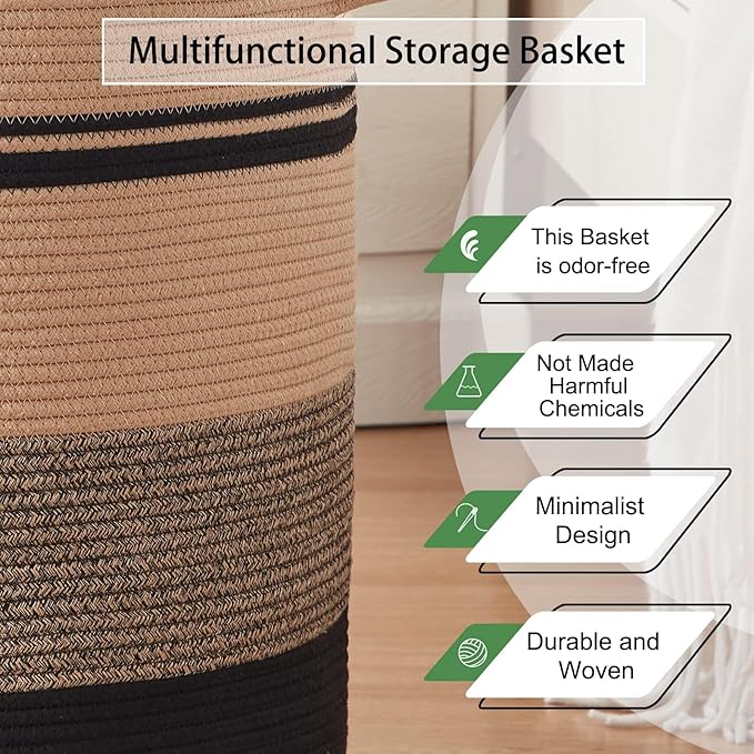 OIAHOMY 80L Laundry Baskets-Laundry Hamper,Storage Basket with Handles,Decorative Basket for Living room,Woven Storage Basket for Toys Bin,Pillows, Blankets,Clothes-20x18in-Yellow Black