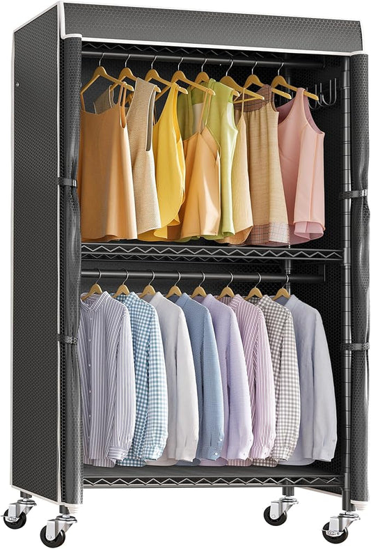 VIPEK R2C Medium Heavy Duty Clothes Rack Rolling Garment Rack with Cover Adjustable Clothing Rack for Hanging Clothes Portable Closets with Double Rods, Black Rack with Black Upgarded Polyester Cover