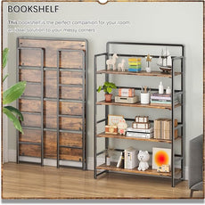 4NM No Assembly Extra Wide 4 Tiers Folding Bookshelf Storage Shelves Vintage Bookcase Standing Racks Study Organizer Home Office (Rustic Brown Black)