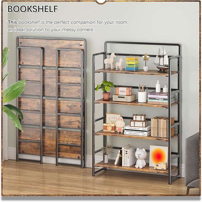 4NM No Assembly Extra Wide 4 Tiers Folding Bookshelf Storage Shelves Vintage Bookcase Standing Racks Study Organizer Home Office (Rustic Brown Black)