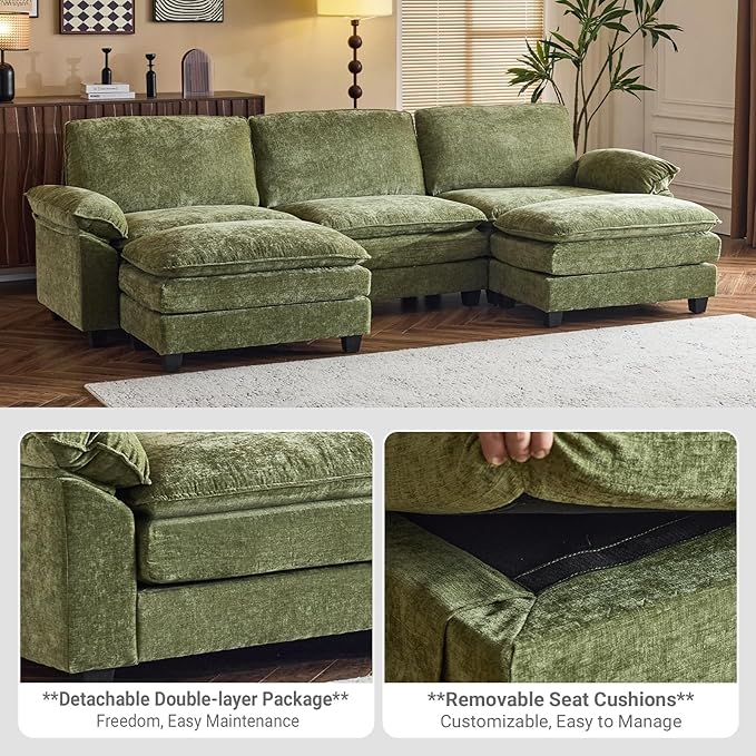 VINGLI 122" Cloud Double-Layer Deep Convertible Sectional Sofa, Comfy L-Shape 3-Seat Couches for Living Room, Modern Couch with Movable Ottoman for Small Space, Olive Green, Chenille