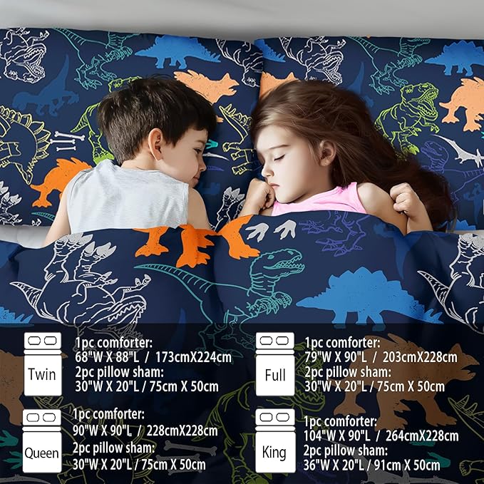 Blue Dinosaur Comforter Set King Boys,Cute Dinosaur Bedding Set King for Kids,Kawaii Dragon Comforter Blue Bedroom Decor,Cute Animal Bedding Kawaii Animal Quilt Boys