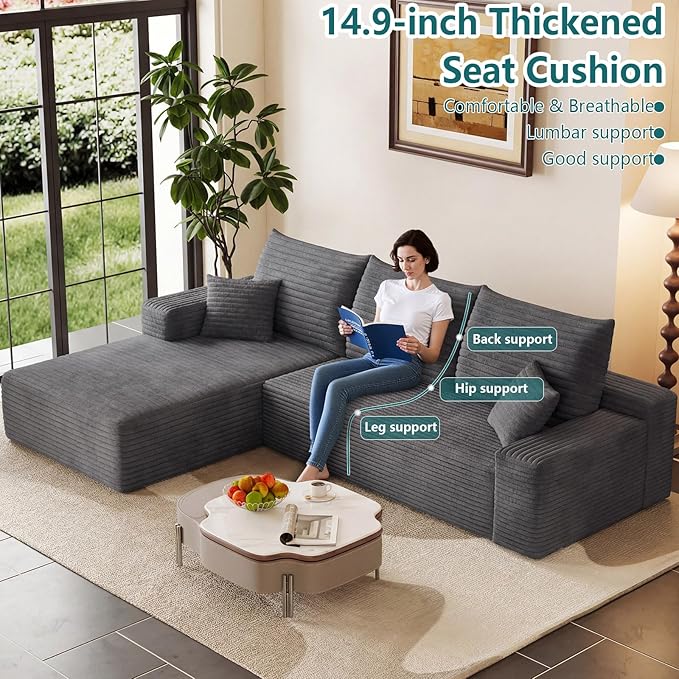 95" Modular Sectional Couch, Boneless L Shaped Cloud Sofa with Chaise Lounge, Corduroy Upholstered Couches Memory Foam Deep Seat, No Assembly Required, Ideal for Living Room(Dark Gray, Left Facing)