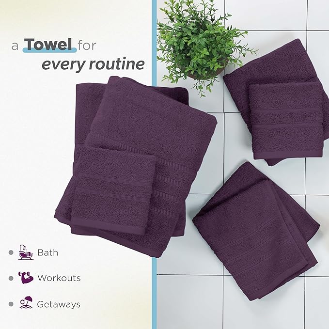 Martex 6-Piece Towel Set – Ultimate Performance – 100% Cotton – 2 Bath Towels – 2 Hand Towels – 2 Wash Cloths – Versatile – Low-Linting – Supersoft & Absorbent Bathroom Set – Easy Care – Dark Purple