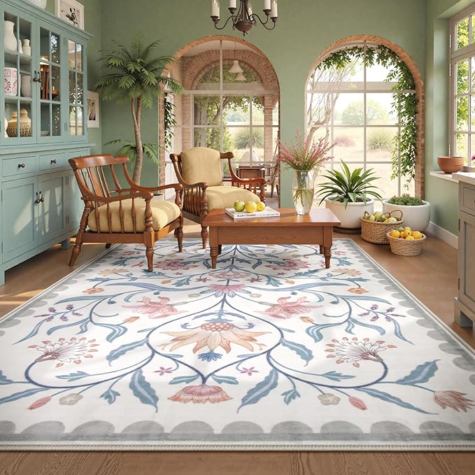 Lahome Boho Floral Washable 8 x 10 Area Rugs for Living Room, Grey/Beige Non Slip Rugs for Bedroom, Ultra-Thin Indoor Throw Dining Room Carpet for Under Table Home Office Playroom(Grey/Beige,8x10)