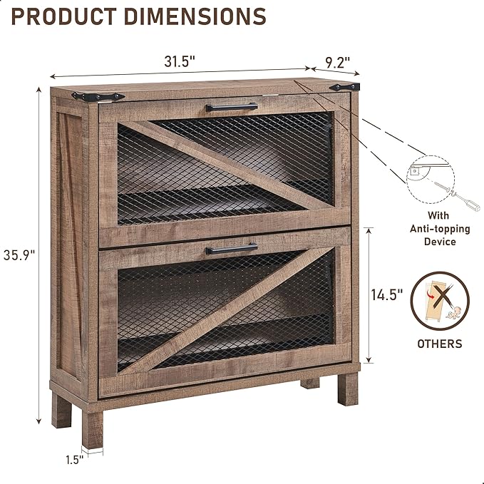 JXQTLINGMU Shoe Cabinet with 2 Flip Drawers, Farmhouse Shoe Storage Cabinet with Mesh Doors and Adjustable Shelves, Rustic Wooden Shoe Organizer, Small Shoe Cabinet Storage for Entryway, Light Brown