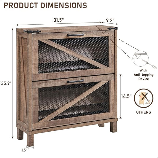 JXQTLINGMU Shoe Cabinet with 2 Flip Drawers, Farmhouse Shoe Storage Cabinet with Mesh Doors and Adjustable Shelves, Rustic Wooden Shoe Organizer, Small Shoe Cabinet Storage for Entryway, Light Brown