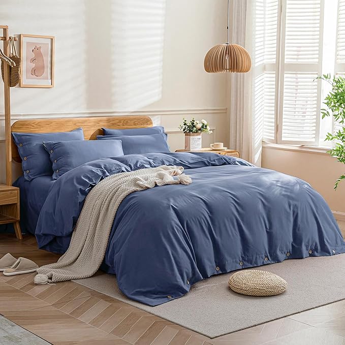 JELLYMONI Cotton Duvet Cover Cal King Size - Blue Comforter Cover with Button 100% Washed Cotton 3PCS Breathable Soft Solid Bedding Set Duvet Cover 104×98in & 2 Pillowcases (NO Comforter)