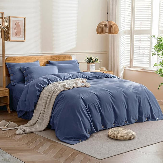 JELLYMONI Cotton Duvet Cover Cal King Size - Blue Comforter Cover with Button 100% Washed Cotton 3PCS Breathable Soft Solid Bedding Set Duvet Cover 104×98in & 2 Pillowcases (NO Comforter)