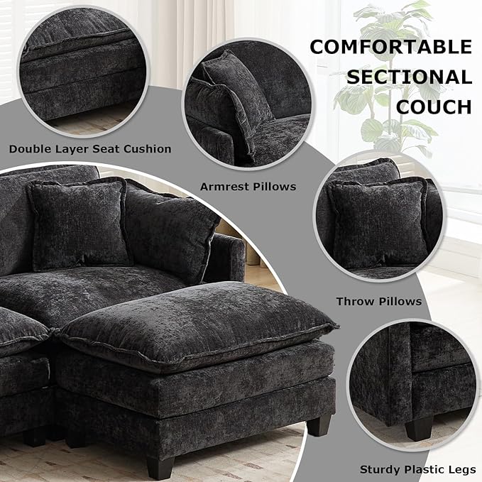 SoarFlash 113.78" Chenille Sectional Sofa, Comfy U Shaped Modular Coush Sofa with Ottoman, Modern 4 Seat Couch Deep Seat Sofa Set for Living Room,Black