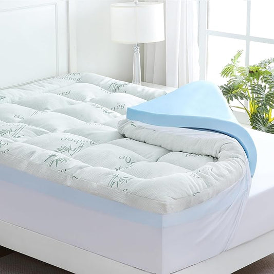 DOWNCOOL Dual Layer 4 Inch Memory Foam Mattress Topper Queen - 2 Inch Gel Memory Foam & 2 Inch Cooling Pillow Top Mattress Pad for Back Pain Relief, Soft Bamboo Viscose Air Layer Cover
