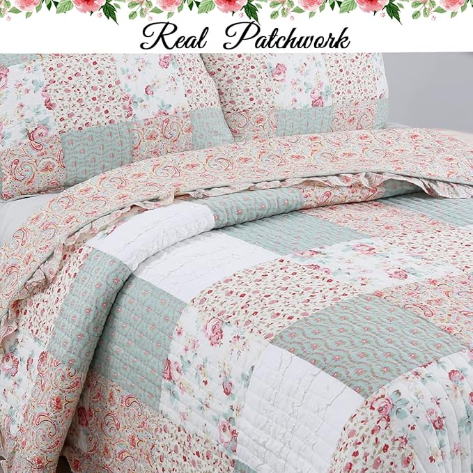 Cozy Line Home Fashions 100% Cotton Real Patchwork Floral Coral Pink Ruffled Shabby Chic Girly Reversible Quilt Bedding Set, Coverlet Bedspread (Sweet Roses, King - 3 Piece)