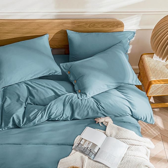 JELLYMONI Cotton Duvet Cover Full Size - Grayish Blue Comforter Cover with Button 100% Washed Cotton 3PCS Breathable Soft Solid Bedding Set Duvet Cover 80×90in & 2 Pillowcases (NO Comforter)
