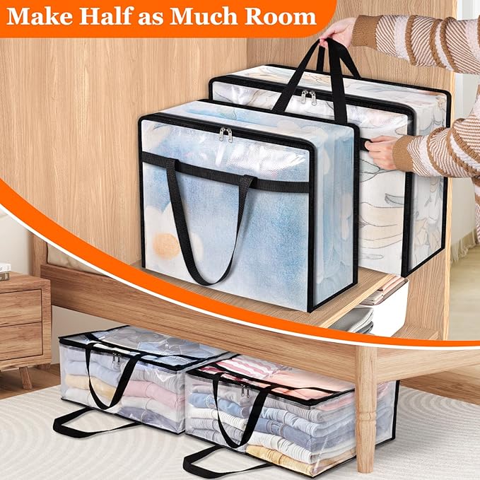 8 Pack Clear Storage Bags for Comforter, Clothes & Bedding, Plastic Blanket Storage with Zipper and Handle, Moving Bags, Closet Organizer and Under-Bed Storage (90L)