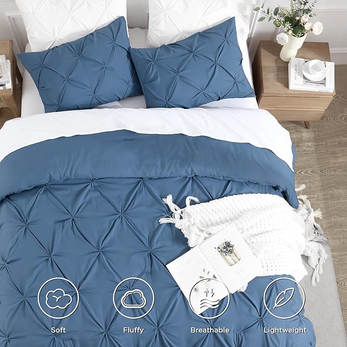 Andency California King Comforter Set Ocean Blue (104x96Inch), Pinch Pleat Cal King Comforter Set 3 Pieces, Oversized King Pintuck Bed Comforter, Microfiber Down Alternative Comforter Bedding Set