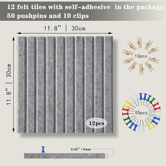 Large Cork Board Alternative-12 Pcs Self-Adhesive Felt Bulletin Board Tiles, Felt Pin Board Cork Board Tiles for Home Office Wall Decor, Tack Board 47"x35" (Light Grey