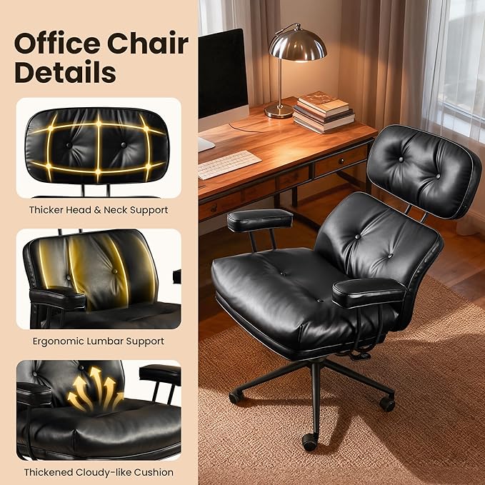 Mid-Century Modern Office Chair, Home Office Desk Chair with Adjustable Lumbar Support, Thickened Cushion Executive Desk Chair with 360 Rolling Swivel for Meeting Game Study Room(Black)