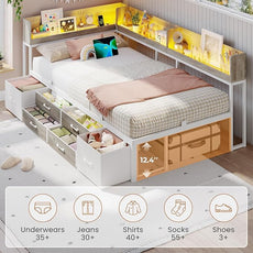 VIAGDO Corner Bed Frame with Storage Bookcase and 6 Drawers, Twin Metal Platform Corner Bed Frame with LED Lights and Charging Station, Twin Daybed for Kids Teenagers, White & Grey