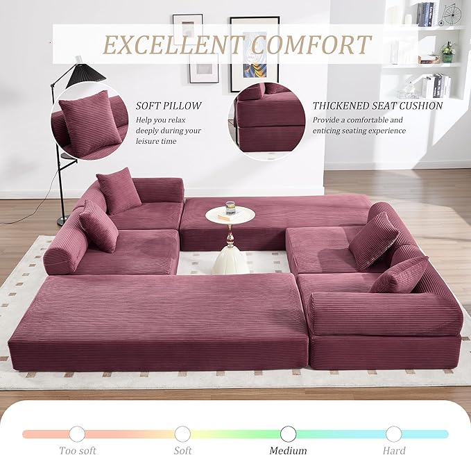 106" Oversized Convertible Sleeper Sofa Bed, Corduroy L Shape Sectional Couch, Folding Sofa Bed with Side Pocket, Modern Cloud Floor Mattress Couch, Modular Sofa for Living Room, Wine Red