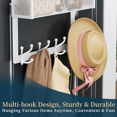 Consumest Over The Door Hooks Organizer - Door Hanger with Mesh Basket & 16 Coat Rack Hooks, Back Storage Organizer for Bedroom, Bathroom, Kitchen, Office, White
