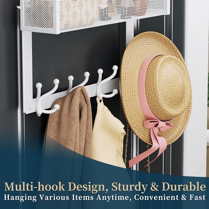 Consumest Over The Door Hooks Organizer - Door Hanger with Mesh Basket & 16 Coat Rack Hooks, Back Storage Organizer for Bedroom, Bathroom, Kitchen, Office, White