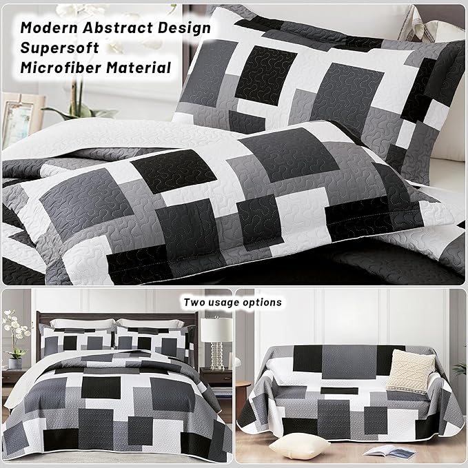 3 Piece Black Grey Quilt Set California King Size Black White Geometric Reversible Bedding Set Microfiber Lightweight Bedspread Coverlet with 2 Sham Modern Bed Covers for All Season, 118''x106''