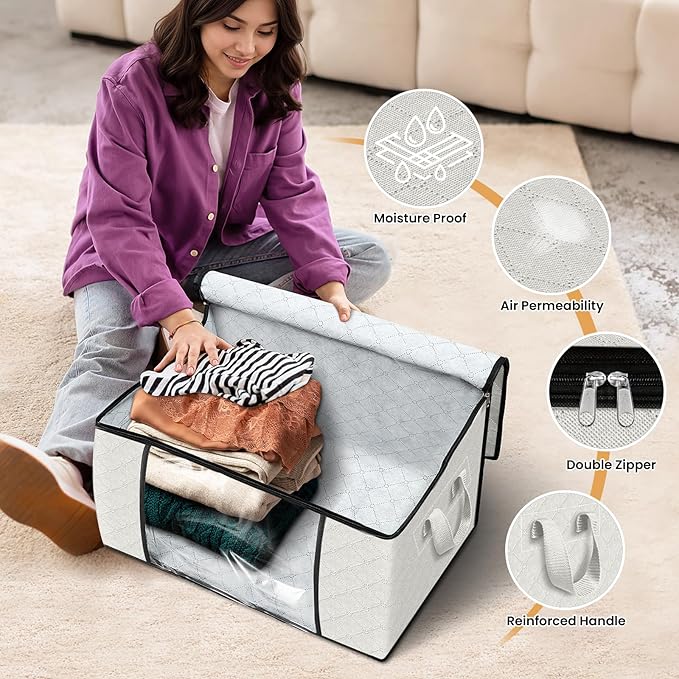 Fab totes 3 Pack Clothes Storage, Foldable Thick Fabric Blanket Storage Bags, Containers for Organizing Bedroom, Closet, Clothing, Comforter, Organization with Handle,Ivory White